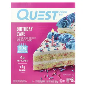 Quest Nutrition Protein Bar, Birthday Cake, 4 Bars, 2.12 oz (60 g) Each