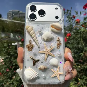 Handmade Phone Case Natural Shell Conch Starfish Sparkling Sequins Metal Decorations for iPhone 17 16 15 14 13 12 11, Durable Fashion Protective Cover