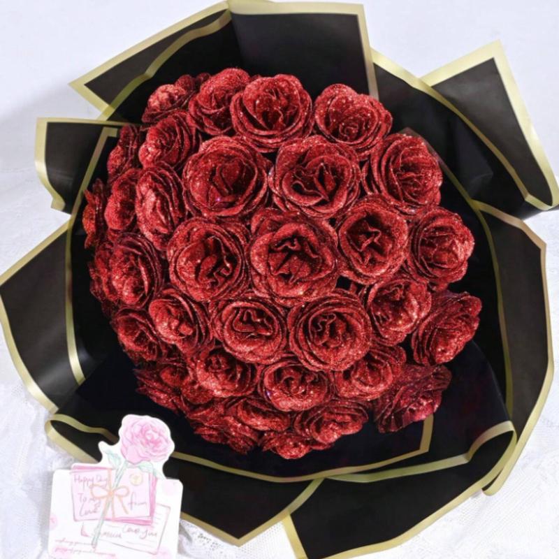 A bouquet of 12 sparkling 2.76-inch artificial roses, perfect for DIY long-lasting artificial rose bouquets, suitable as anniversary gifts, engagement gifts, wedding gifts, home decor, and office decor.