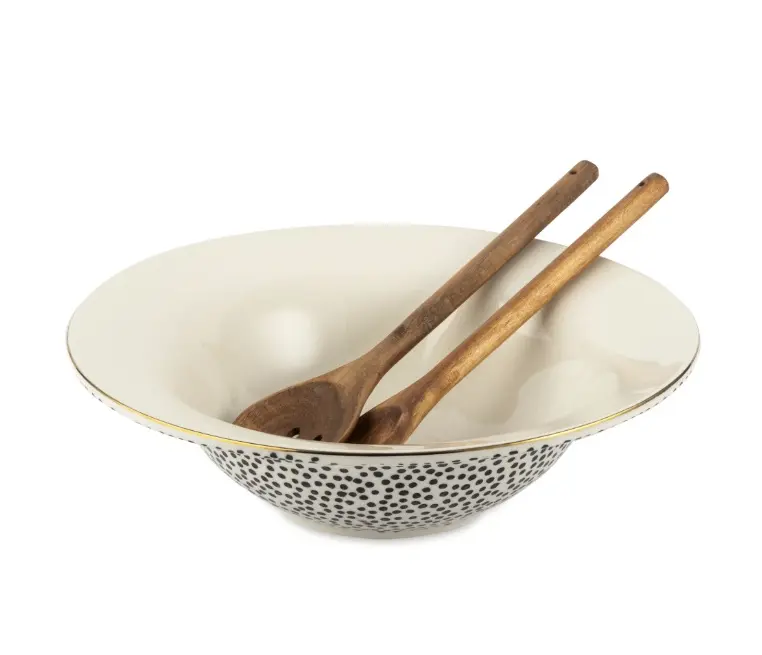Black and White Dot Ceramic 3-Piece Serve Bowl Set with Wood Serve Utensils, Kitchen Tableware for Dining
