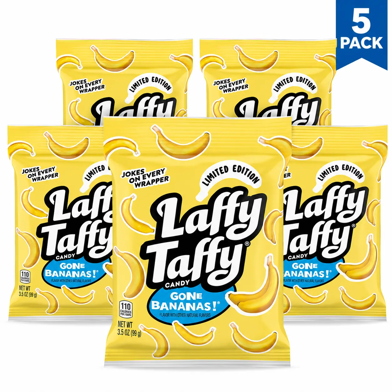 Laffy Taffy Mini Banana Chewy Taffy Candy Bars - Limited Edition, Soft & Fruity Snack, Sweet Treat, 3.5 oz Bag, Pack of 5