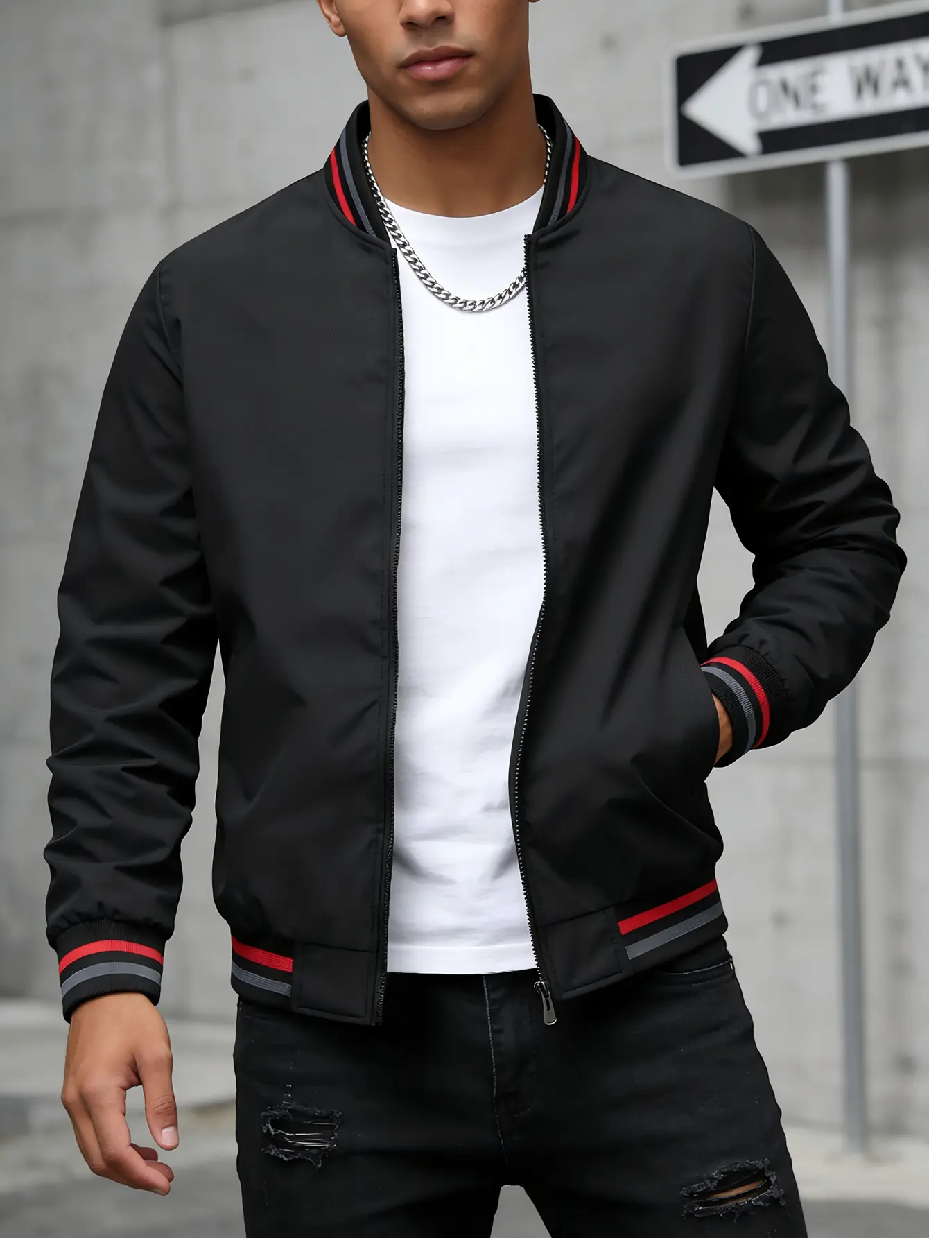 Men's Flying Bomber Jacket - Lightweight Colorblock Windproof Menswear with Ribbed Collared Neck, Smooth Zipper for Casual Commuting Vibe Outerwear, Hem, Retro, Woven, Stripe, Wind‑Tight Rib Trim