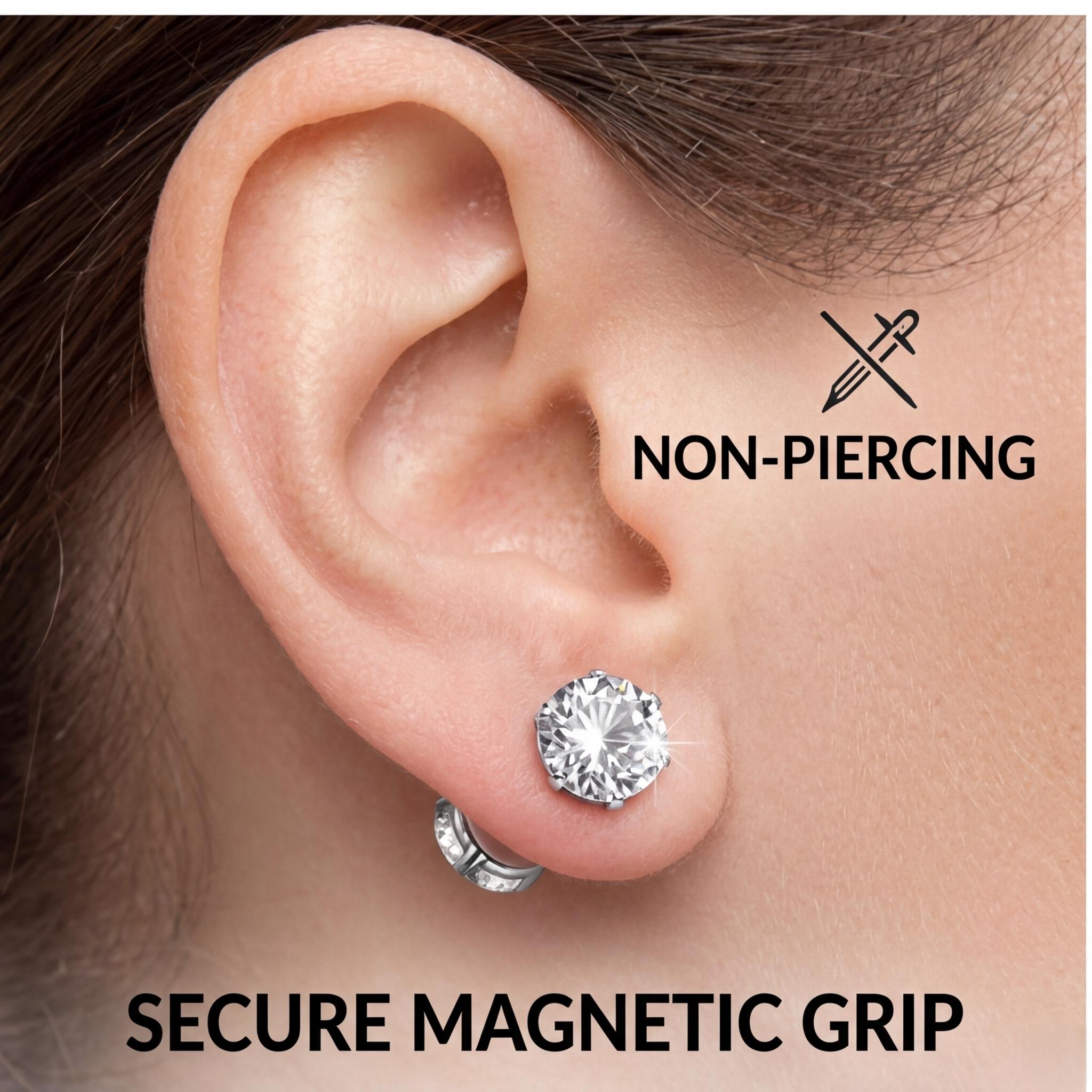 Unisex Magnetic Cubic Zirconia Stud Earrings, Polished Stainless Steel Non-Piercing Jewelry, Classic Pierced Look