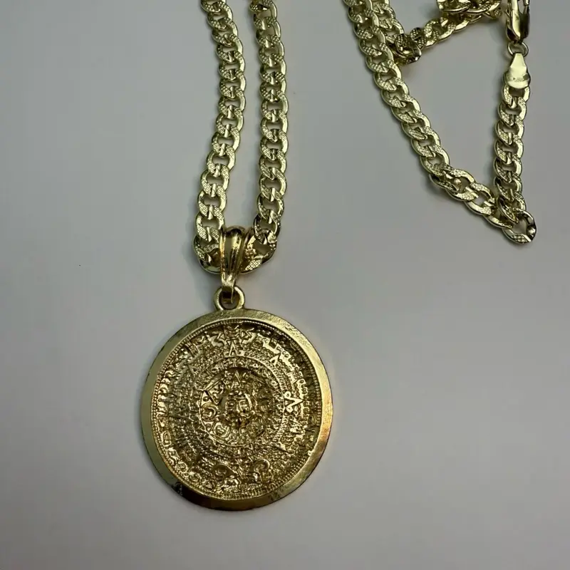 Aztec Calendar Necklace - Cuban Chain Gold Plated 24” Inches with Round Pendant