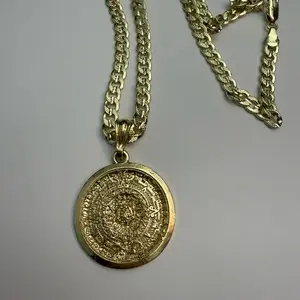 Aztec Calendar Necklace - Cuban Chain Gold Plated 24” Inches with Round Pendant