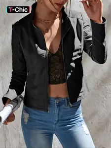 Women's PU Leather Jacket Coats, Stand Collar with Zip Pockets, Long Sleeve Fitted Casual Style, Fall Winter Fashion Outerwear