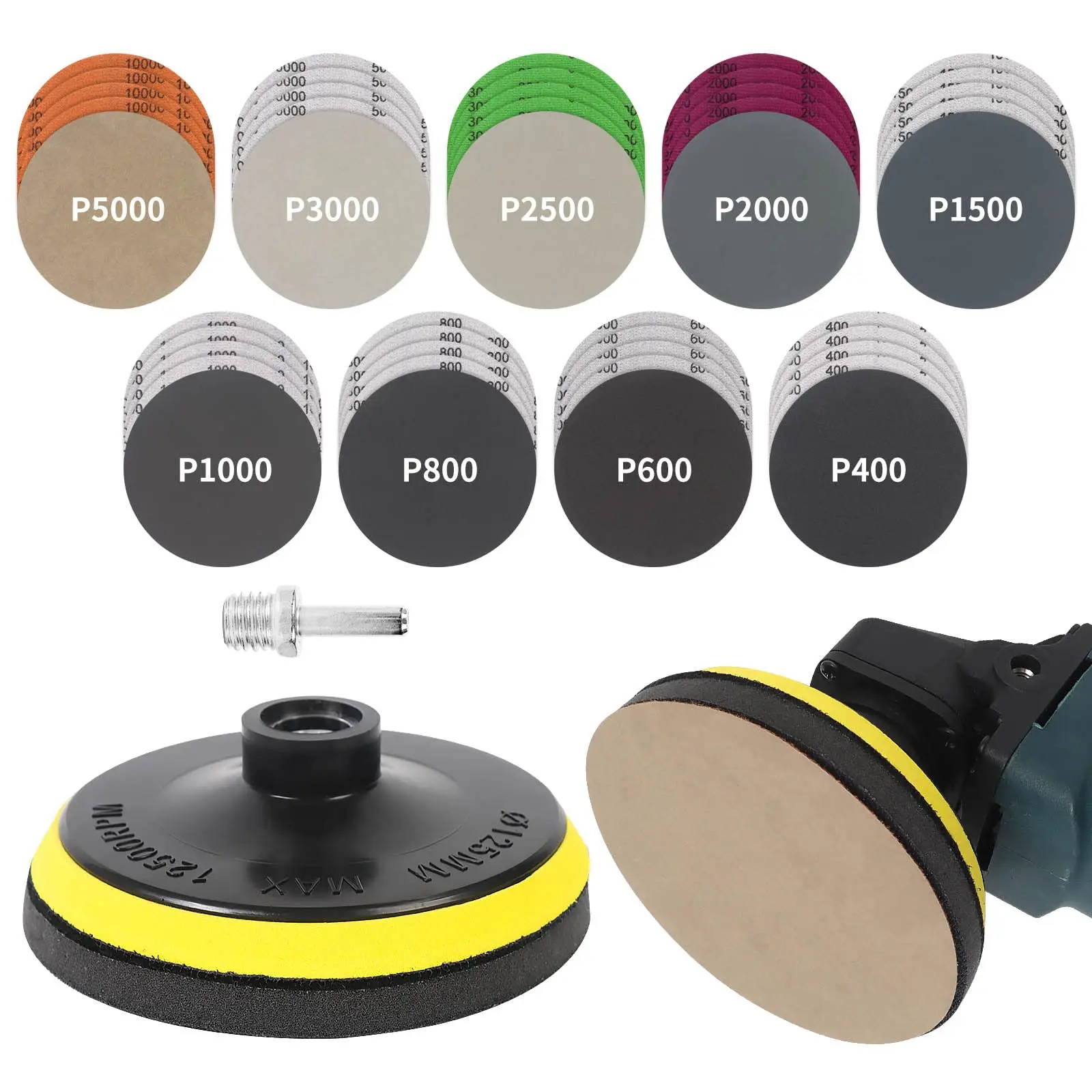 45PCS 5 Inch Wet Dry Sanding Discs Kit 400 to 5000 Grits with Hook and Loop Backing Pad 5/8-11 and Foam, Angle Grinder Drill Sanding Attachment, Sander for Drill Sandpaper for Wood Metal Car