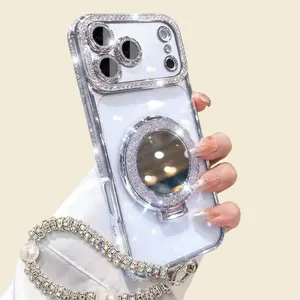 Viral Luxury Glitter iPhone Case for Women Clear with Built-in Makeup Mirror Foldable Stand Full Shockproof Protective Cover for iPhone 12-17 Pro Max Plus purple aesthetic gift creative design stylish lovely Anti-Fall