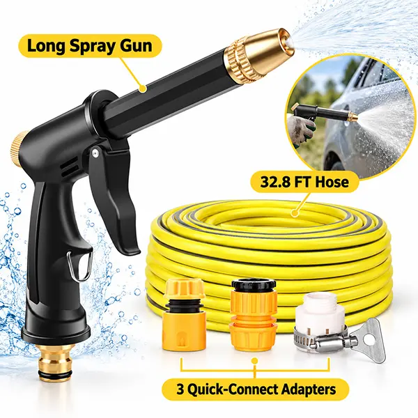 High Pressure Water Gun for Cars, 32.8ft Hose Spray Gun with 3 Quick Connect Adapters, Adjustable Nozzle, Easy Setup, Functional Pressure Control for Car Wash, Patio Cleaning
