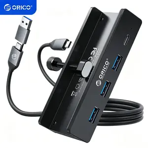 ORICO USB 3.0 Hub, USB Hub Clamp, Aluminum 4-Port USB Splitter with Extra Power Supply Port and 4.92 FT USB Data Cable, Desktop Powered USB Hub for Monitors/Desks-Black (Without Power Adapter)