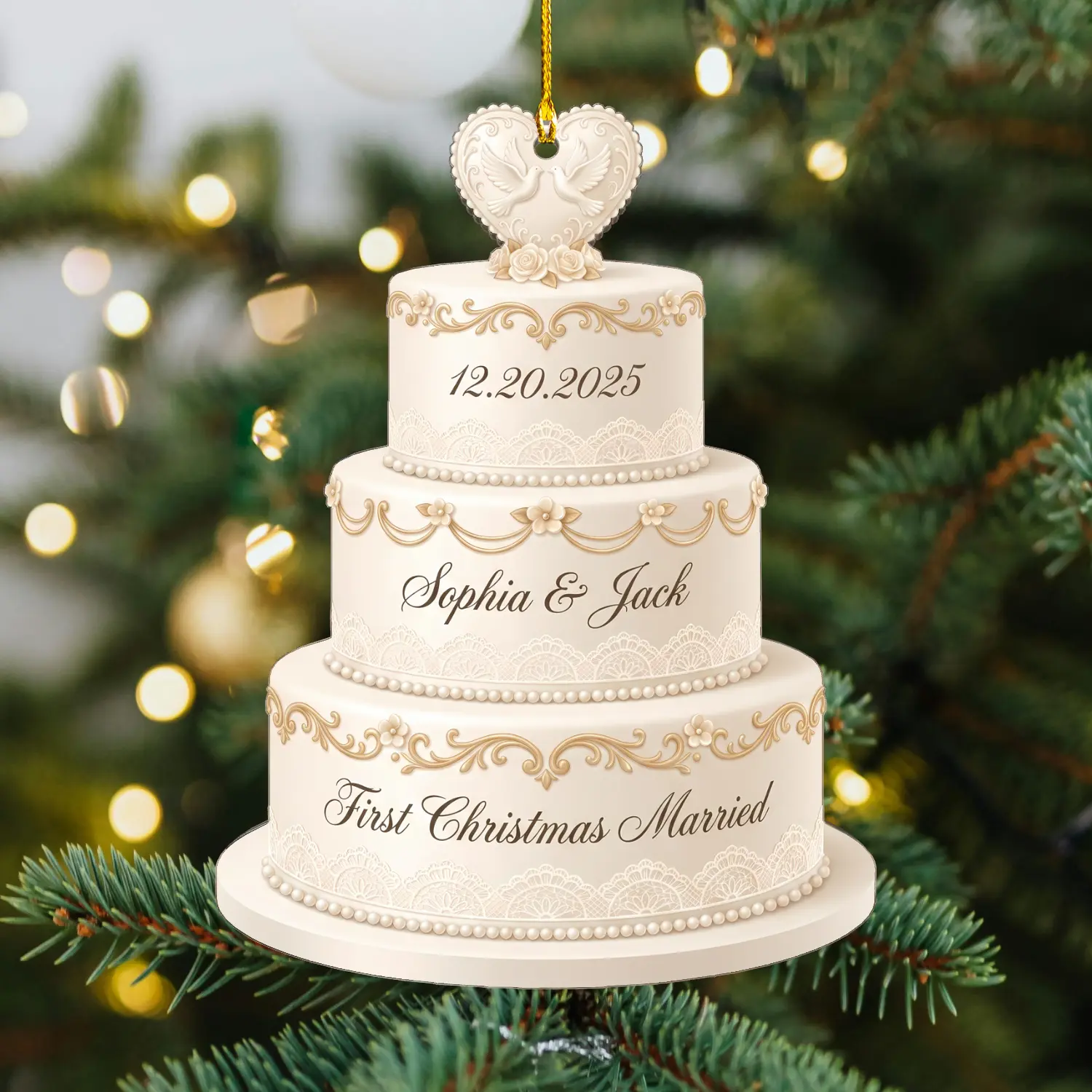 Personalized Wedding Cake Ornament 3.5-7inch Customizable First Christmas Married Decoration for Tree