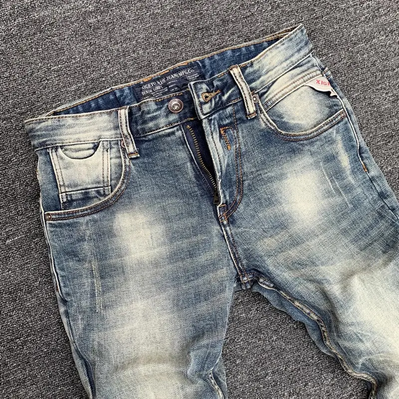 Men's Vintage Slim Fit Ripped Stretch Denim Jeans - 28(W28 inch), Washed Finish, Button Fly, Grunge Aesthetic, 90s Look, 90s Grunge, Early 2000s Aesthetic Menswear Bottoms, Rips Detail, Retro