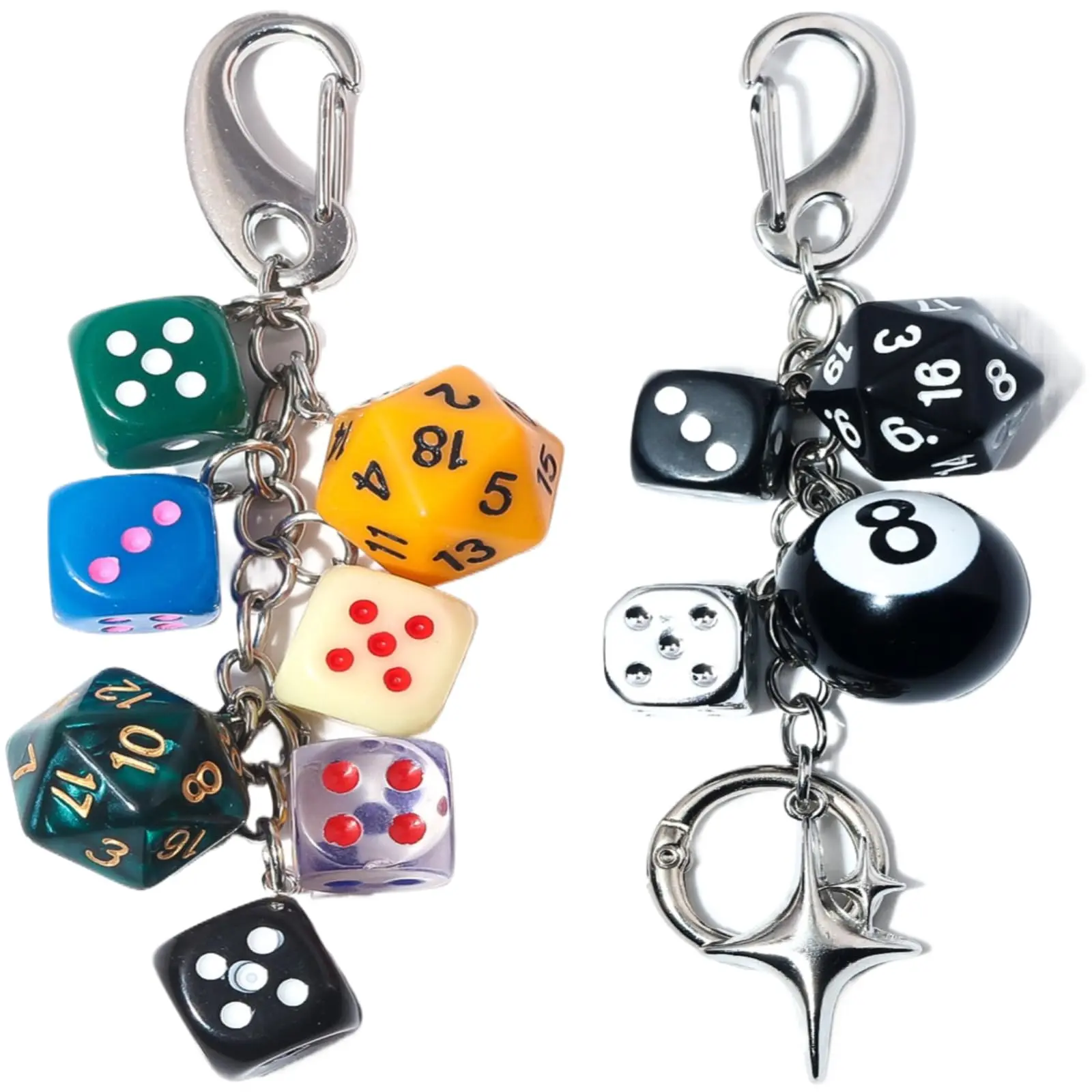 2Pcs Y2K Dice Keychain Set, Black 8 Ball & Colorful Dice Charm with Star Pendant, Magic 8 Ball Gift Aesthetic Accessory for Bag Keys Women Men