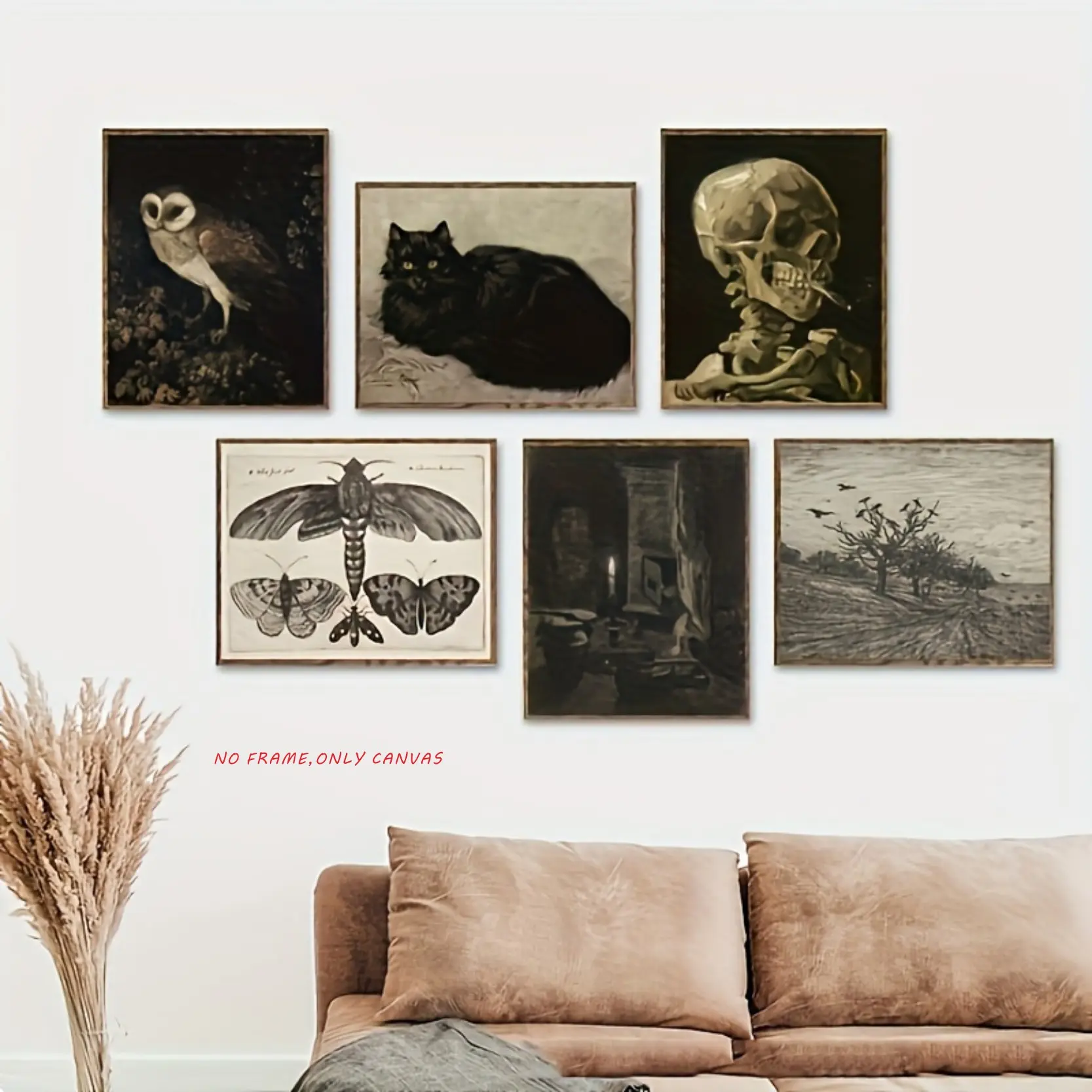 6PCS/Set Vintage Canvas Poster, Vintage Wall Art, Halloween Gothic Aesthetic Goth Spooky Gallery Wall Decor Black Cat Poster, Vintage Skeletons Owl Poster, Dark Academia Decoration For Home Decor, Decoration Items, Unframed