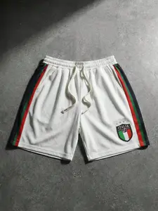 Italy National Team Italia Emblem Striped Athletic Shorts for Men, Breathable Mesh Drawstring Waist Sports Shorts, Retro Football Training Shorts for Gym Workout & Summer Casual Wear