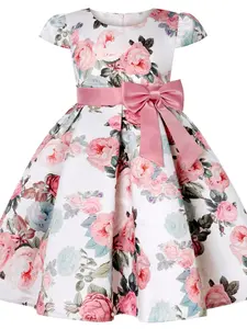 Girl's Floral Print Big Bow Decor Belted Plicated Puff Sleeve Fit & Flare Party Dress, Cute Cap Sleeve Round Neck A-Line Dress for Party Holiday, Kids Summer Clothes, Flower Print Dress, Princess Peach Dress Poof