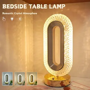 Modern Luxurious Diamond Oval Crystal Table Lamp, Nightstand Lamp, USB Charging Light, Touchable Decorative Lamp for Living Room Bedroom Dining Table
