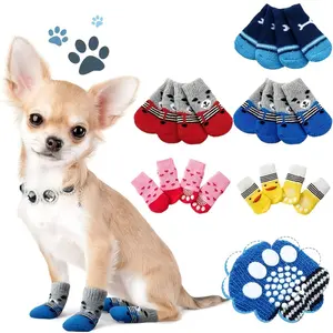 4pcs Cute Cartoon Mixed Color Pet Socks, Suitable for Mini And Toy Breeds, Knitted Polyester Fiber Comfortable Pet Shoes, Non-Slip Cat And Dog Shoes, All-Season Indoor Protective Covers for Cat And Dog Paws.