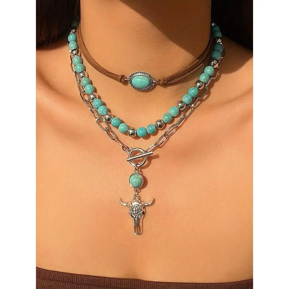 Women's 3-Piece Vintage-Inspired Turquoise Cross Chain Necklace Set - Skin-Friendly Color-Mixing Female Folk-Custom Jewellery, ABS-Friendly Festive Accessory for Southwestern Casual Attire, Party Gift, Ethnic