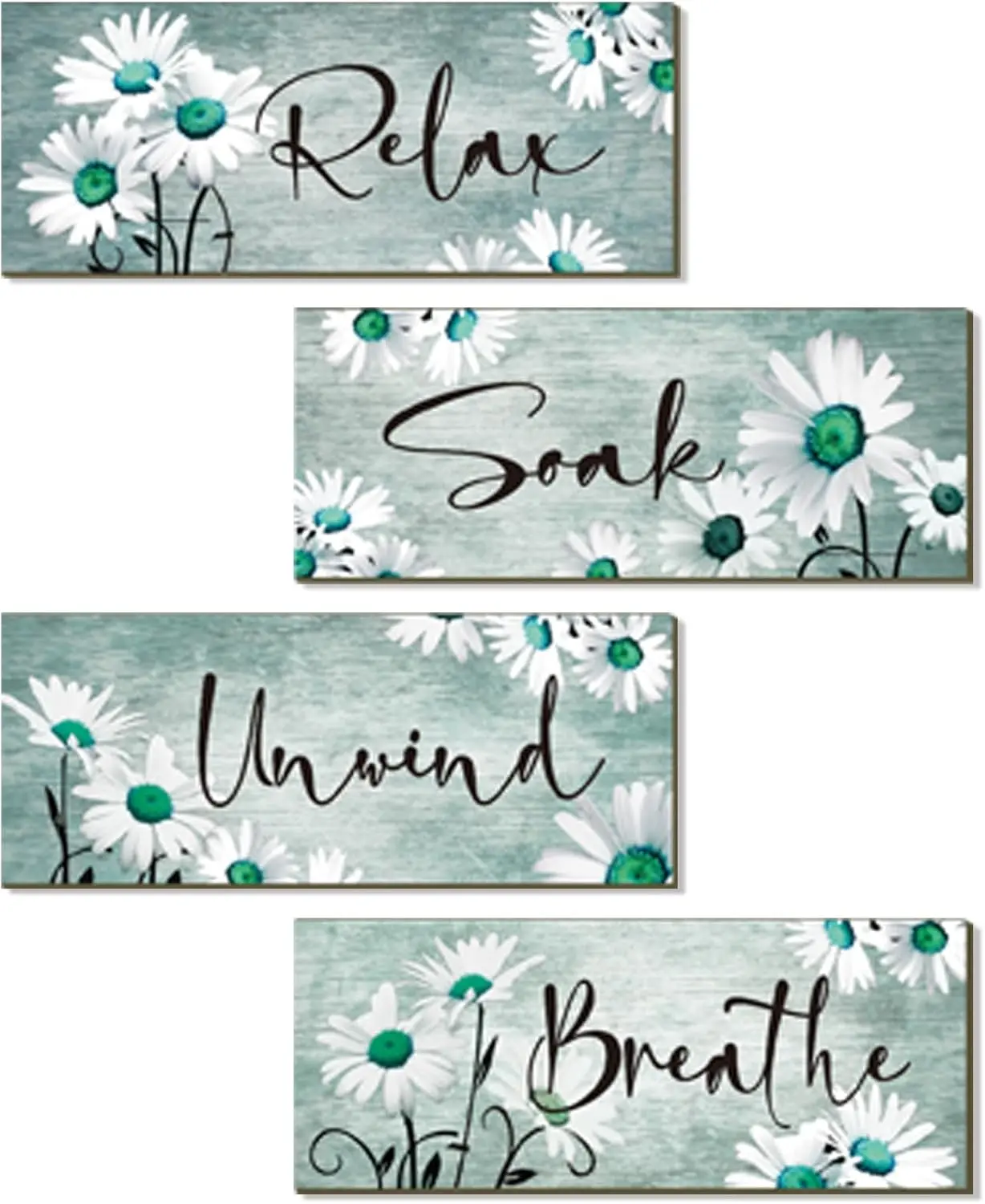 ZINYAZHE 4 Pieces Teal Bathroom Decor Sign Farmhouse Floral Wall Decor Abstract Turquoise Bathroom Accessories Wood Rustic Daisy Art for Home Bedroom Living Room Kitchen Office Decoration, 10 x 4 Inch