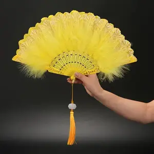 Feather Fan with Golden Edges, Stylish Vintage Design Made of Plastic and Feather, Handmade Folding Fan for Performances and Dance, Decor