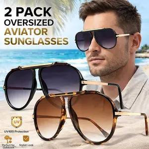 Oversized Aviator Sunglasses for Women Men 2026, 70s Retro Gold Metal Frame UV400 Square Sun Glasses for Driving, Tangle-Free Unbreakable Aviators Gifts for Travel