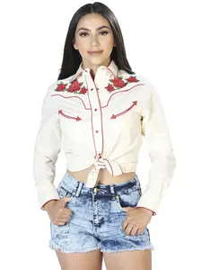 Womens Beige Long Sleeve Western Shirt 42962 with Embroidered Fringe Classic Autumn Fitted Casual Tops