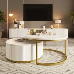 Nesting Coffee Table Set of 2, Modern Round Coffee Table with Drawer, Circular Wood Center Table Set for Living Room, Apartment, 31.5" White & Gold