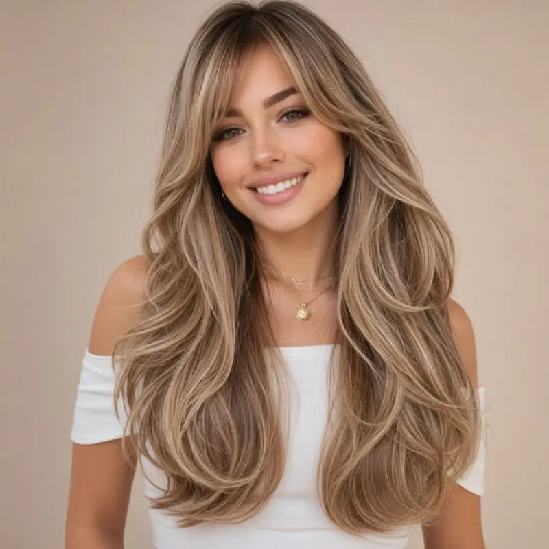 20" Honey Brown Wig with Highlights | Glueless Layer Cut Synthetic Wig with Face-Framing Bangs | Full Volume Long Wavy Wig | Heat Resistant 180°C | Pre-Plucked Natural Hairline | Melt Lace Front | No Glue Easy Wear | Daily Protective Style Wig for Women