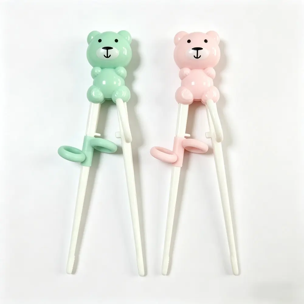 Cute Bear Toddler Training Chopsticks - BPA-Free ABS Unisex Adjustable Reusable Toddler Utensils, Easy-Grip Kitchenware Feeding Aid, Pink-Green Options, Beginner Mealtime Helper, Finger Chopsticks