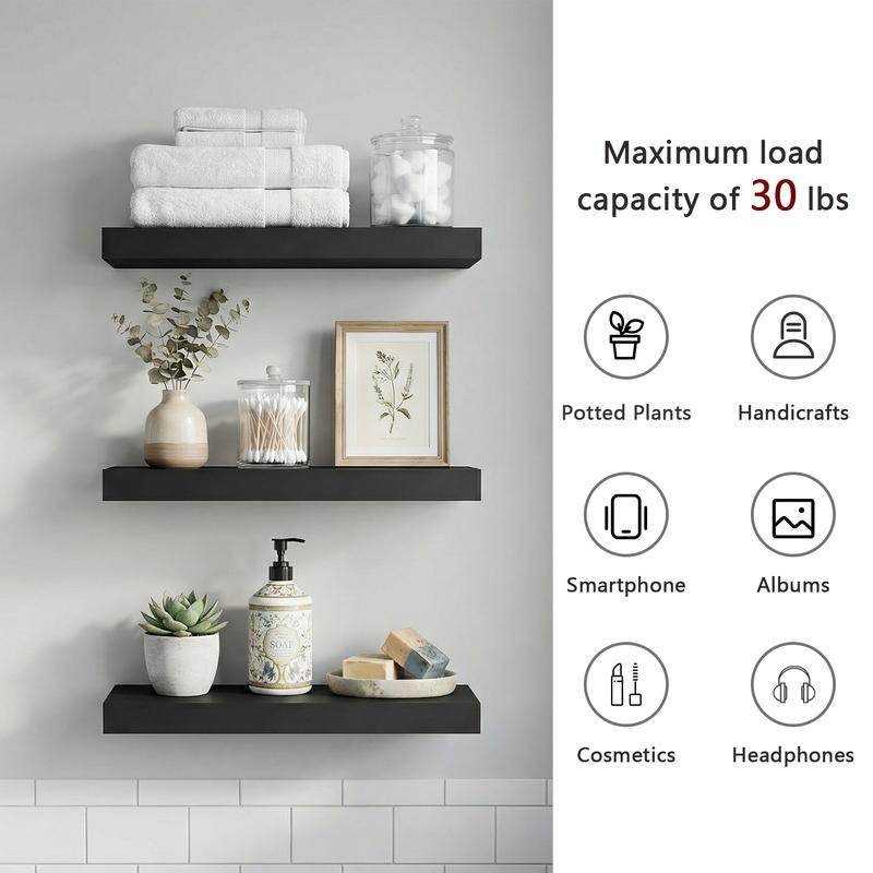 Spaco 14.9" Maple Black Floating Wall Shelves - Modern Wood Storage for Bathroom, Bedroom, Kitchen & Living Room (Invisible Brackets, Decorative & Functional for Books & Organization)