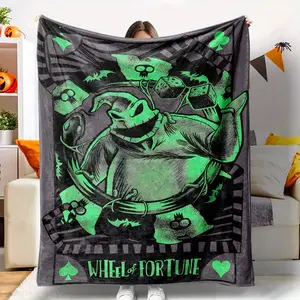 Nightmare Before Christmas Themed Flannel Throw Blanket - Wheel of Fortune Design, Soft & Lightweight for Couch, Bed, Travel - Multi-Use Polyester Nap Blanket for Halloween & Christmas Decor - Versatile for All Occasions - 52x59 inches