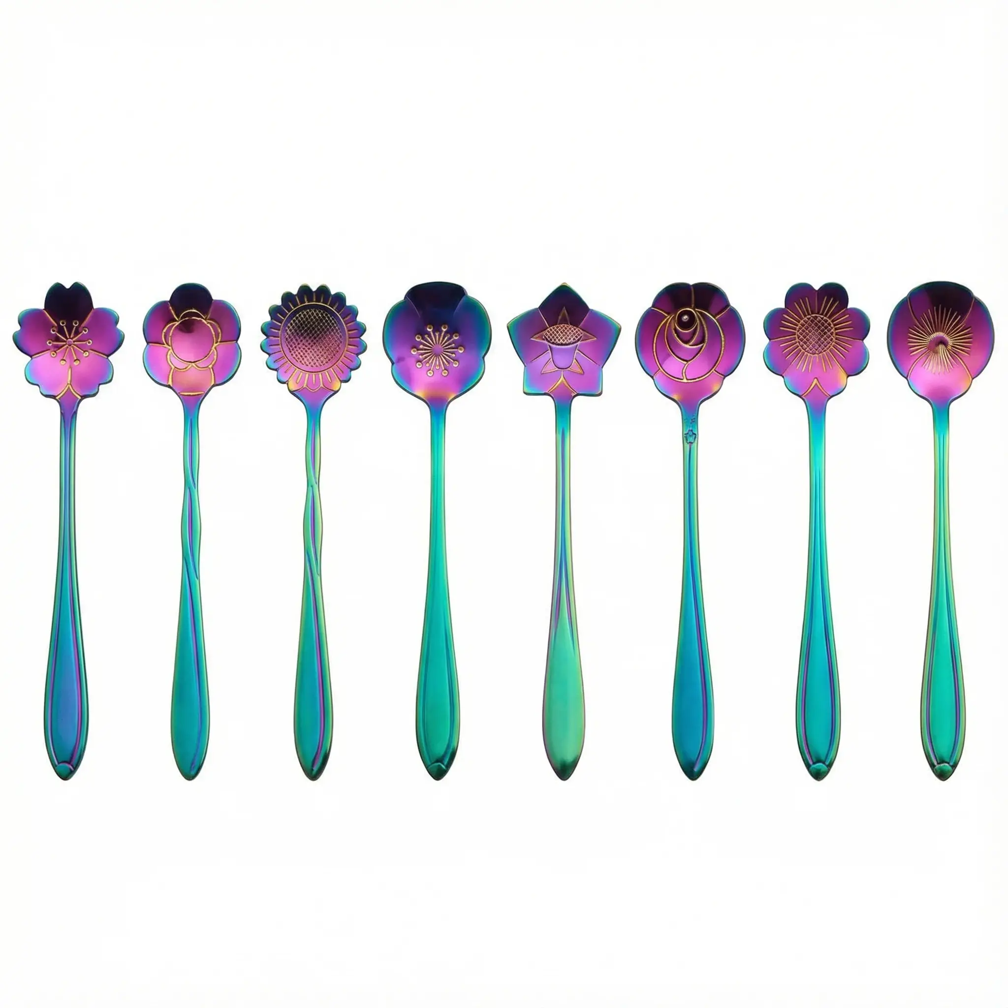 Rainbow Flower Spoon Set 8 Pieces Stainless Steel Reusable Cute Tea Spoons for Drink Mixing Milkshake Jam 8 Different Patterns
