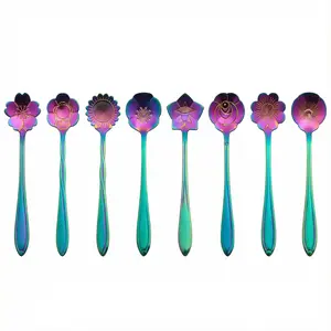 Rainbow Flower Spoon Set 8 Pieces Stainless Steel Reusable Cute Tea Spoons for Drink Mixing Milkshake Jam 8 Different Patterns