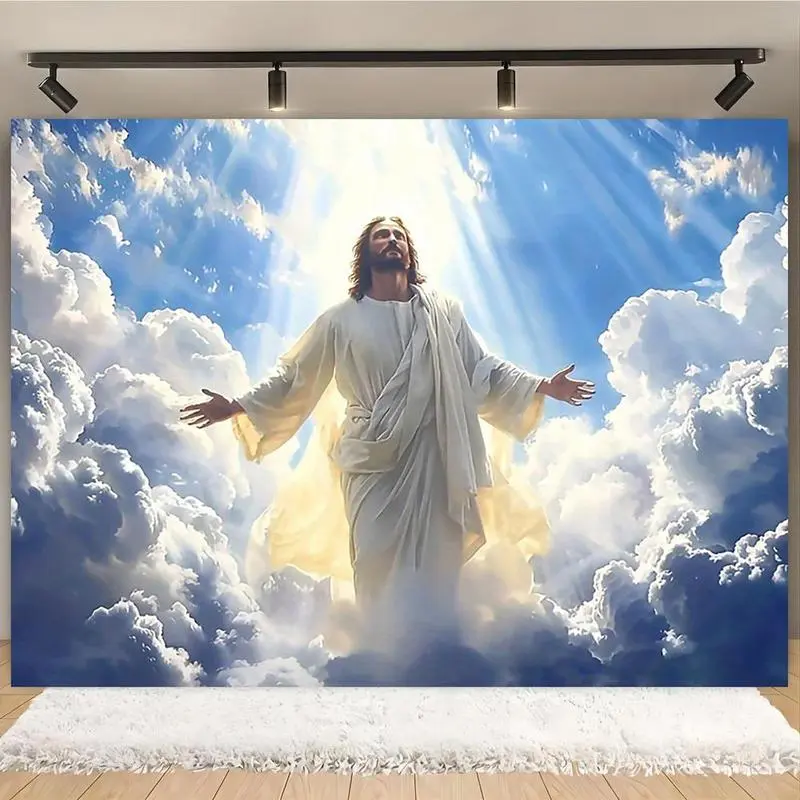 Resurrection Jesus Ascension Themed Polyester Backdrop Banner - Letters, Geometric, Easy-Install Festive Backdrops & Banners, Vibrant Colors, Lightweight Large-Size Home Supplies for Christmas, Anniversary Decorations