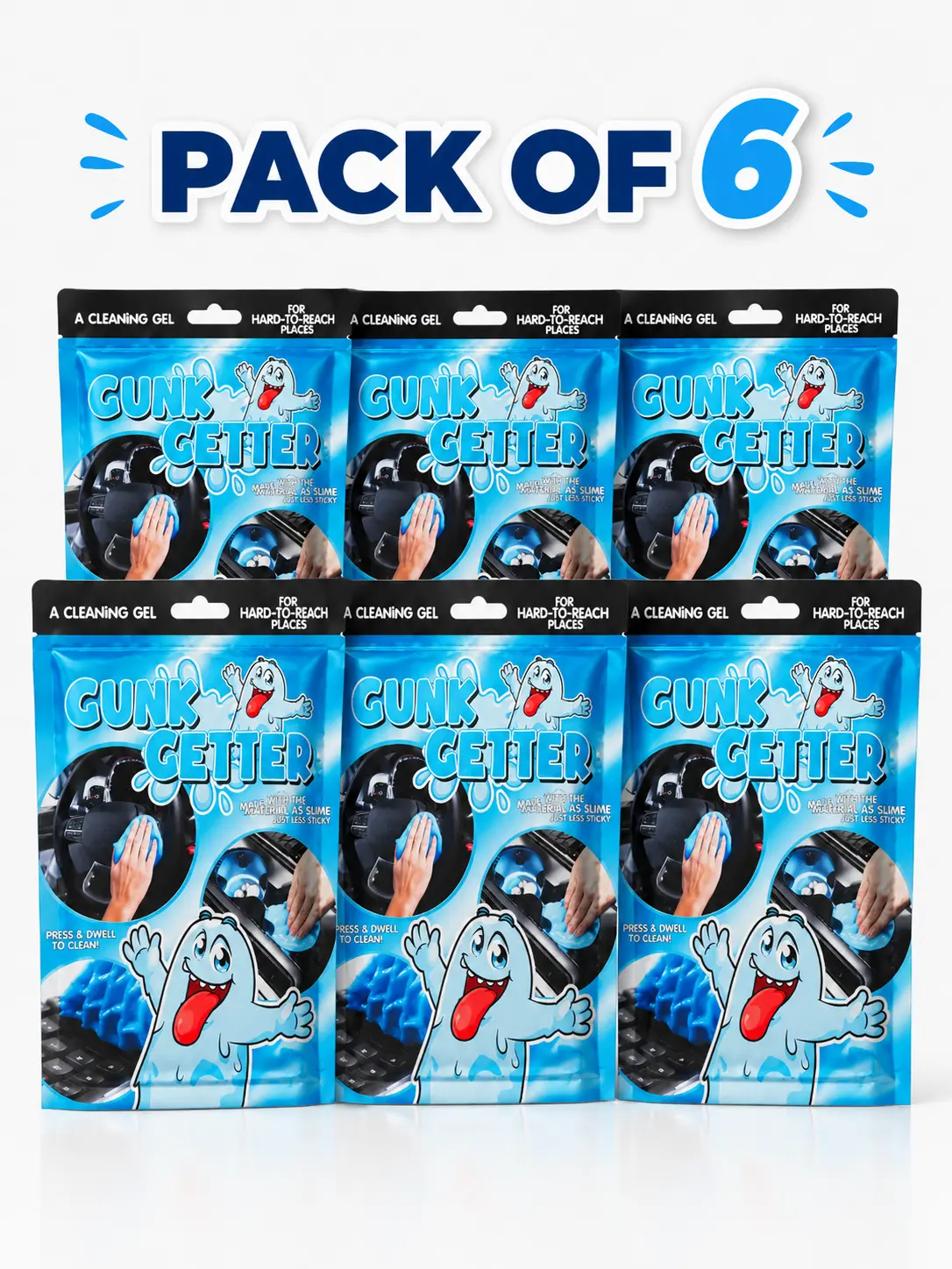 Pack of 6 Gunk Getter for Cleaning Gel for Those Hard to Reach Places - Press & Pull back the gunk, great for cleaning hard to reach places in cars, keyboards, clippers & much more, practical cleaning products