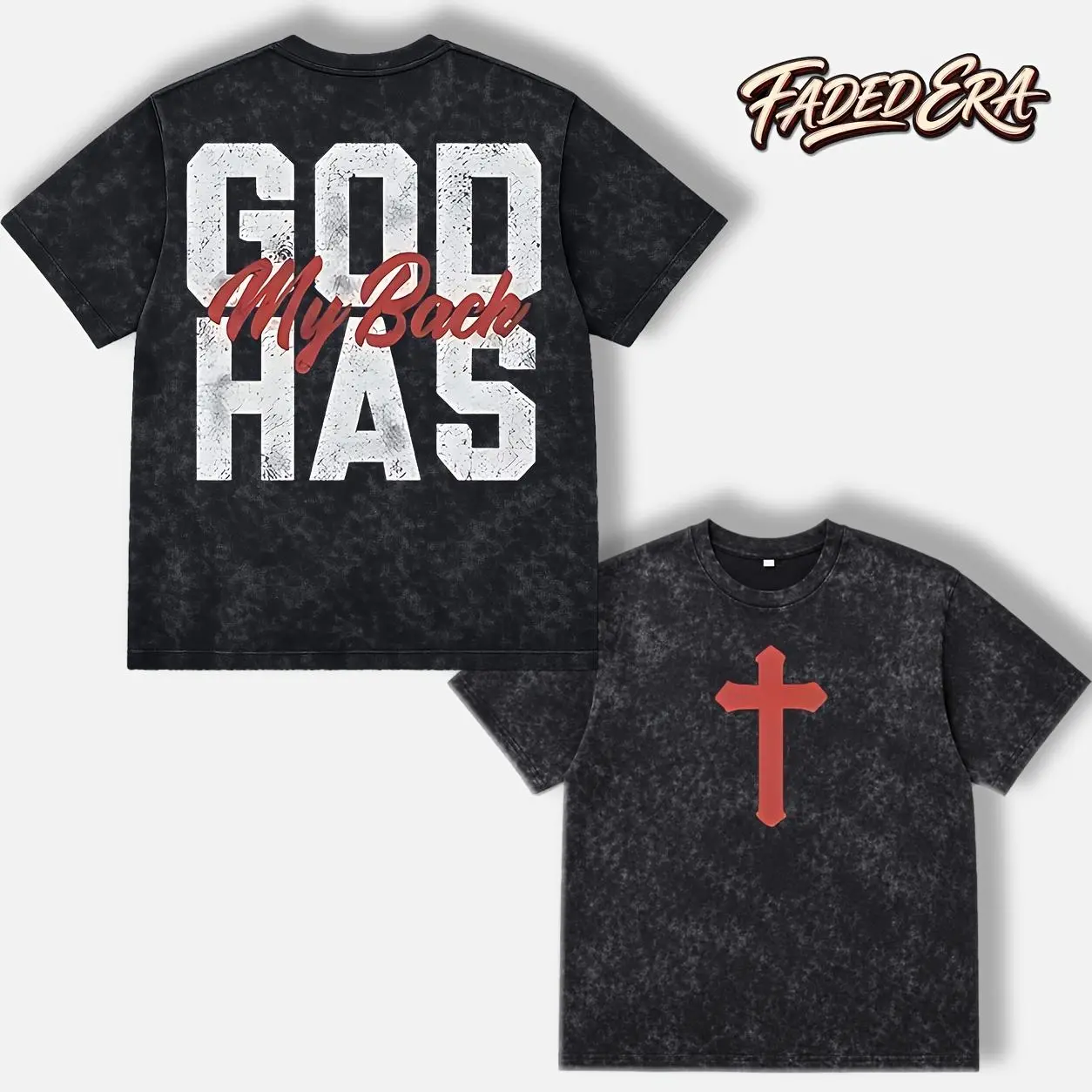 God Has My Back Graphic T-Shirt, Faith Cross Vintage Washed Double-Sided Tee, Relaxed Fit Casual Streetwear Shirt for Men and Women, Gift Idea
