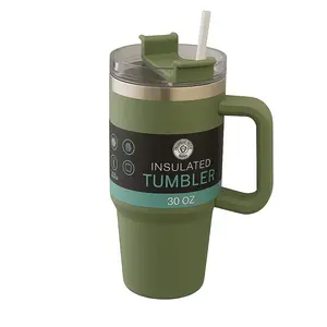Green Dependable Industries 30 Oz Stainless Steel Tumbler with Handle & Straw - Vacuum Insulated Travel Mug with Leak-Proof Lid Dishwasher Safe Drinkware Flasks Portable Water Bottles