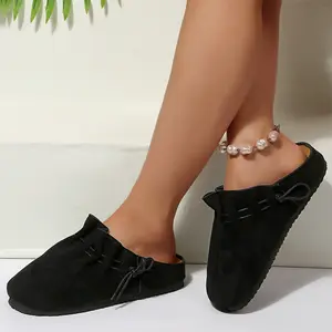 Suede Mules Sandals for Women Drawstring Ruched Comfort Flat Slip-On Clogs Indoor Outdoor Shoes Daily Wear