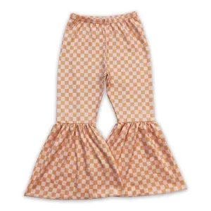 Girls' Retro Checkered Bell Bottom Pants for 4-5 Years, Elastic Waist, Comfortable Kids' Fashion Bottoms