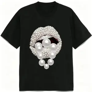 Pearl Lips Graphic Tee Aesthetic Fashion Shirt Luxury Sexy Minimalist Print Women's Black T-Shirt