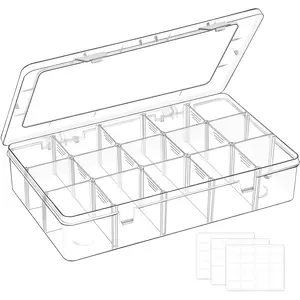 Mauproy 15 Grids Large Plastic Organizer Box with Adjustable Dividers, Clear Craft Organizer and Storage Tackle Box Compartment Container with Label Stickers for Beads, Jewelries, Tools