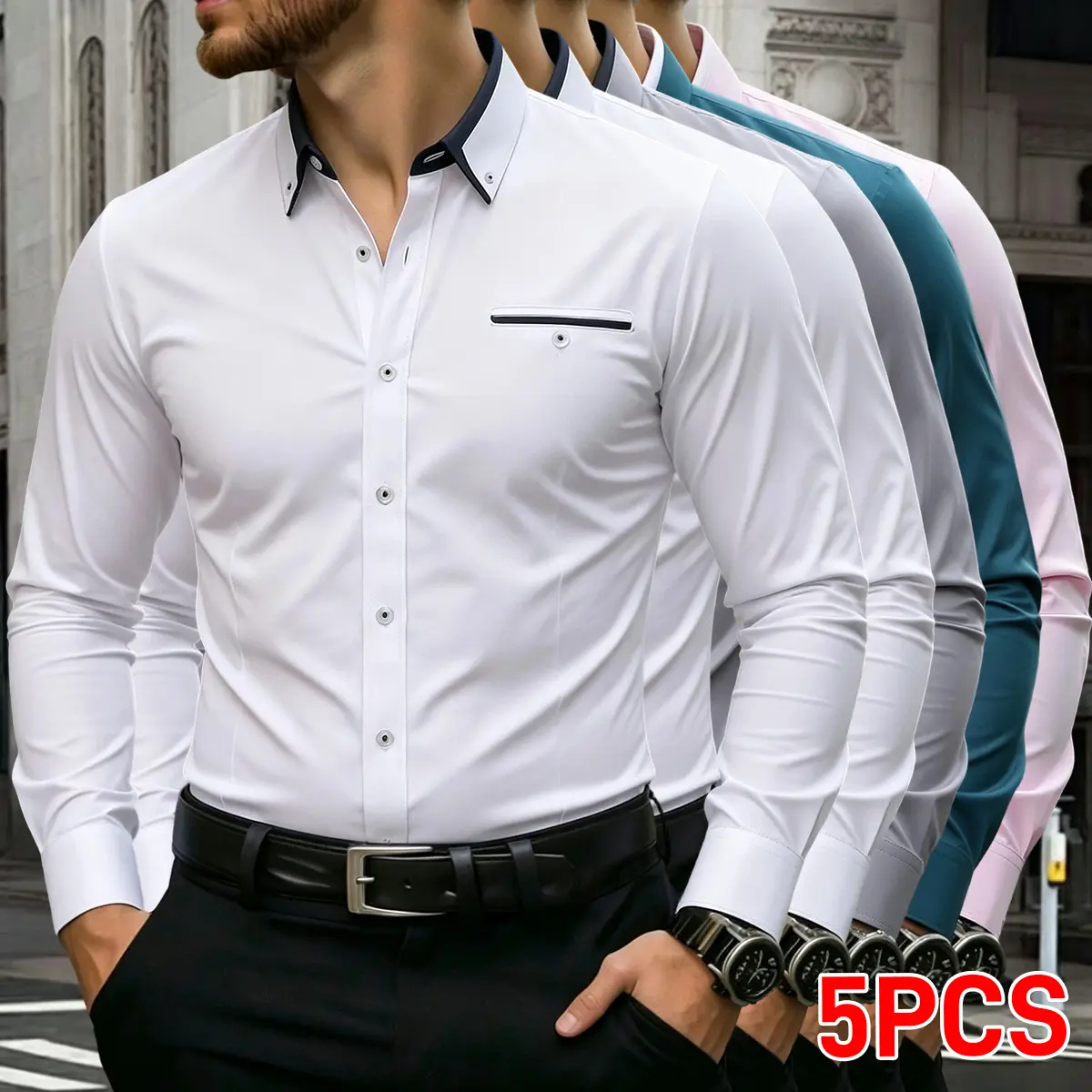 Men’s 5-pack four-season polyester dress shirts — ultra-thin, breathable, wrinkle-resistant, slim fit, contrast black collar design, chest pocket, easy care smooth fabric, suitable for men’s everyday office wear.