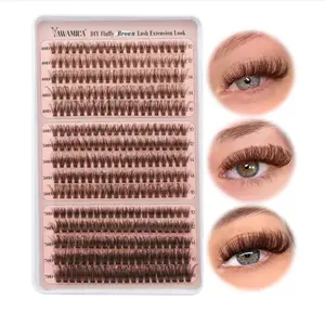 Yawamica Brown Lash Clusters Eyelash Extension 10-16mm Individual Lashes D Curly Eyelash Clusters 40D+50D+70D Volume 300pcs Cluster Lashes Pestañas Pelo a Pelo DIY Lash Extension at Home