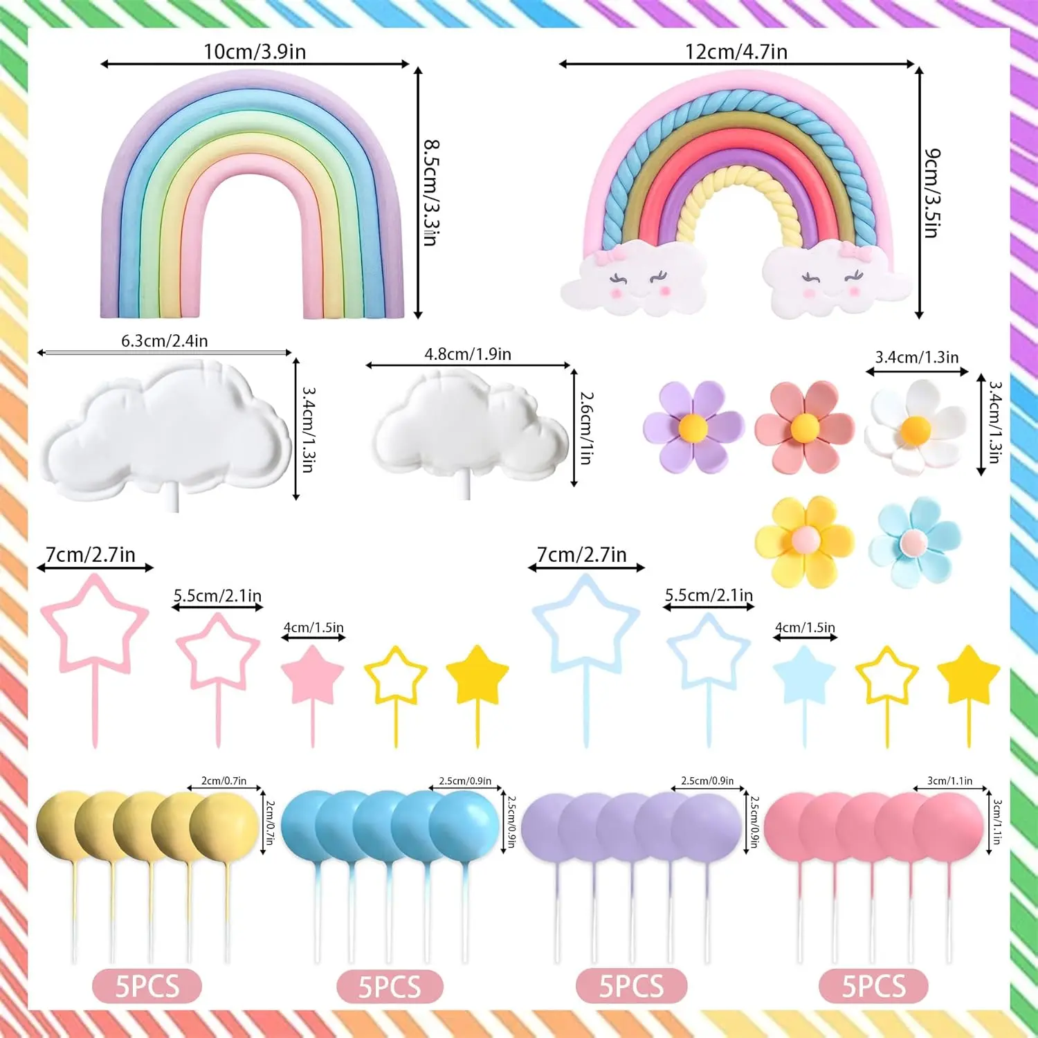 39Pcs Bright Pastel Reusable Star Balls Rainbow Cake Topper - Happy Birthday Party Supplies, Home Improvement Decor with Flower Accents, Colorful