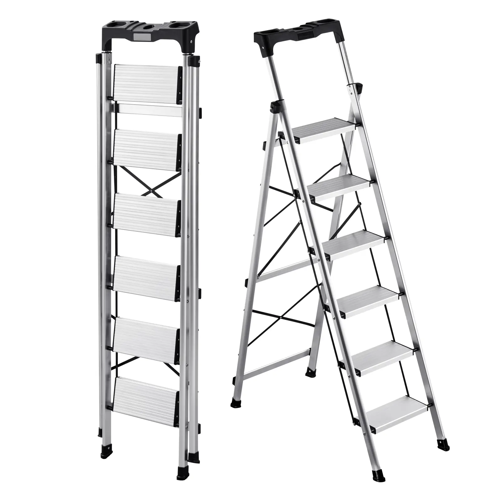 VEVOR 6 Step Ladder, Folding Step Stool with Wide Anti-Slip Pedal and Comfort Handgrip, 330 lbs Capacity Portable Aluminum Stepladder, Multi-Use for Kitchen, Warehouse, Household and Office, Silver, Step Folding Steps#BacktoSchool