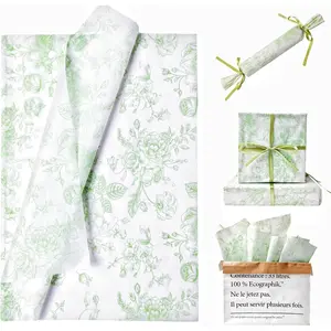 100 Sheets Sage Green Floral Tissue Paper Bulk Chinoiserie  Wrapping Paper for  Bags Green White  Patterned for  Shower Wedding Birthday Party Decor, 14 x 20 Inch