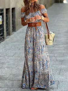 Women's Boho Paisley Print Maxi Dress Off Shoulder Short Sleeve Tiered Flowy Long Beach Dresses Casual Summer Vacation Outfits Resort Wear Elegant Daily Spring