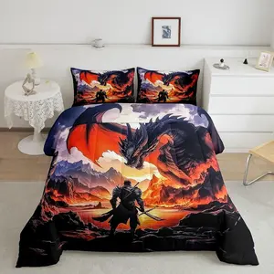 Dragon Bedding Set,Dinosaur Comforter Set for Women Men,Ultra Soft Samurai Comforter,3D Monster Duvet Set,Fire Dragon Bedroom Home Decor Quilt Set