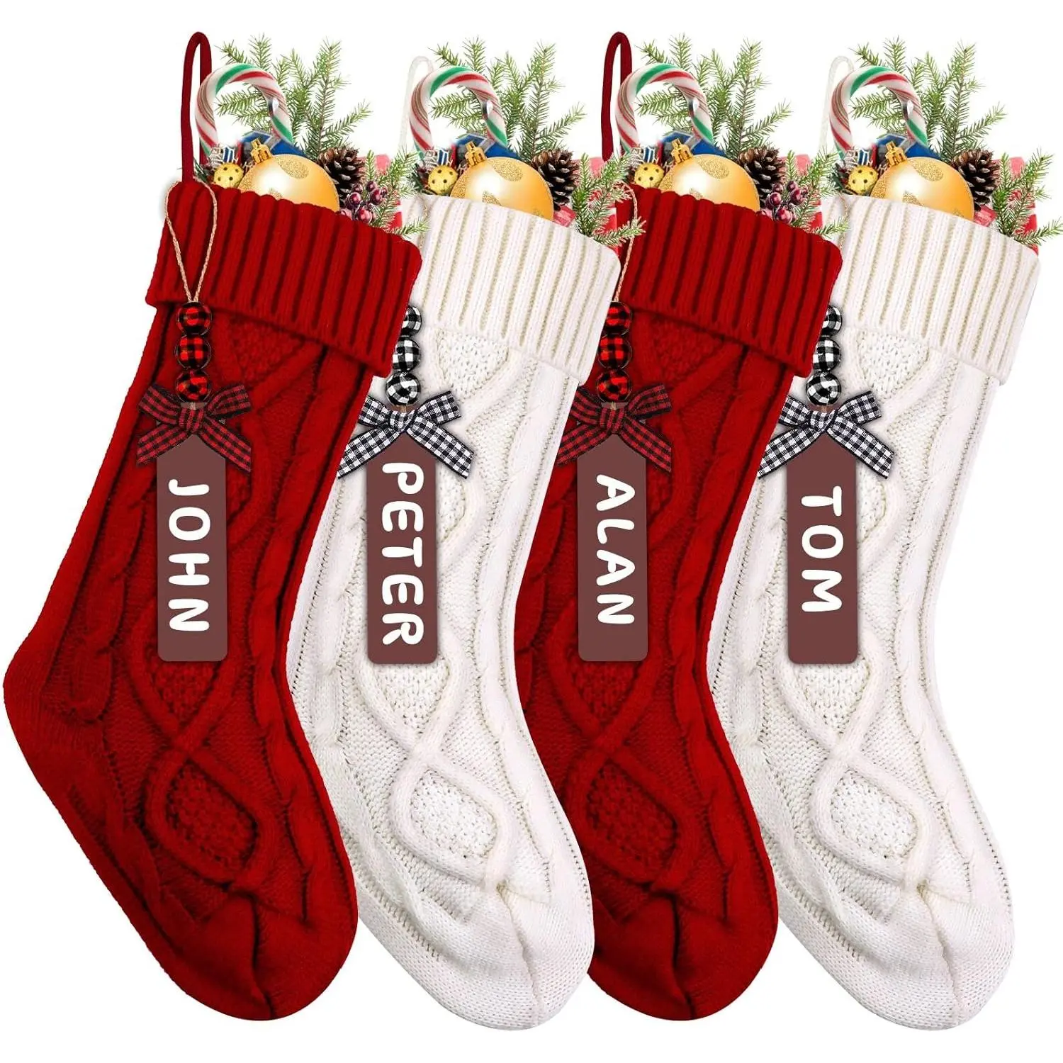 Traditional 4-Pack 18in Large Knitted Red & White Personalized Christmas Stockings with Wooden Name Tags, for Holiday Party Family Decorations (Home & Festive Party Supplies)